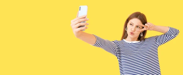 Stylish Young Woman Taking Selfie Yellow Background Space Text — Stock Photo, Image
