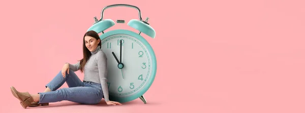 Beautiful Woman Big Alarm Clock Pink Background Space Text — Stock Photo, Image