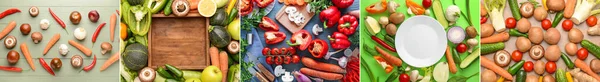 Collage Mit Viel Frischem Gemüse Und Obst Draufsicht — Stockfoto
