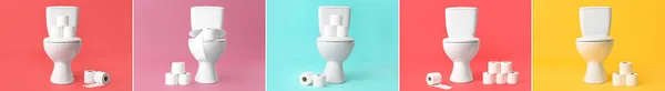 Set Toilet Bowls Rolls Paper Color Background — Stock Photo, Image