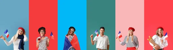 カラフルな背景にフランスの旗を持つ多くの人々 — ストック写真