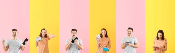 若い女性と男性のコラージュ財布とお金で色の背景 — ストック写真