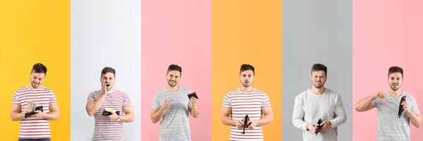 Collage Eines Jungen Mannes Mit Portemonnaie Und Geld Auf Farbigem — Stockfoto