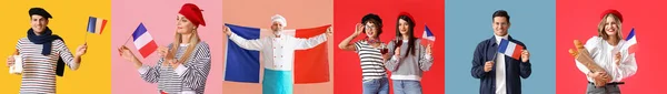 Πολλοί Άνθρωποι Σημαίες Της Γαλλίας Πολύχρωμο Φόντο — Φωτογραφία Αρχείου
