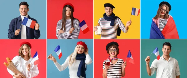 Багато Людей Прапорами Франції Барвистому Тлі — стокове фото