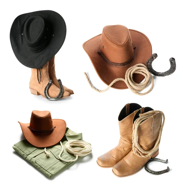 Collage Von Cowboy Accessoires Auf Weißem Hintergrund — Stockfoto