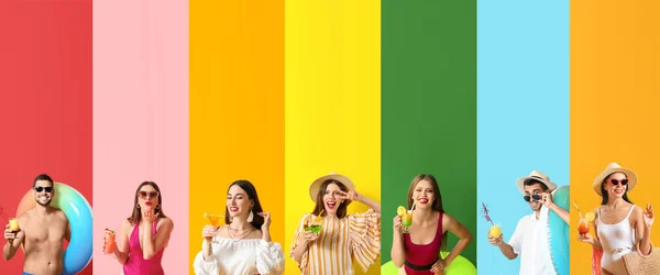 Kolaż Szczęśliwych Ludzi Letnimi Koktajlami Tle Koloru — Zdjęcie stockowe