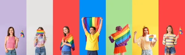 Sok Ember Lmbt Zászlók Színes Háttér Büszkeség Hónapja — Stock Fotó