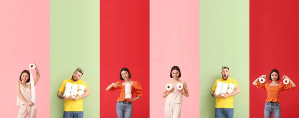 Set Van Mensen Met Rollen Papier Kleur Achtergrond — Stockfoto