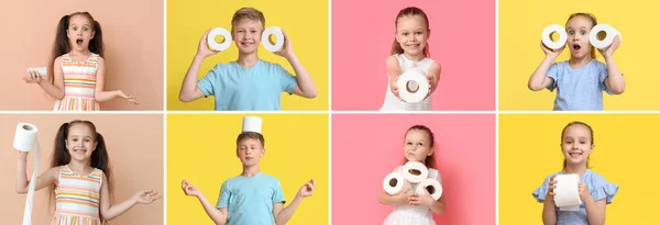 Uppsättning Barn Med Rullar Toalettpapper Färg Bakgrund — Stockfoto