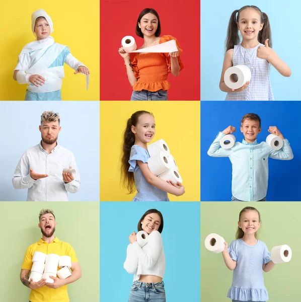 Set People Rolls Toilet Paper Color Background — Stock Photo, Image