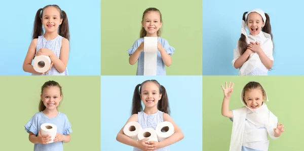 Set Little Girl Rolls Toilet Paper Color Background — Stock Photo, Image