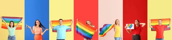 Många Människor Med Hbt Flaggor Färg Bakgrund — Stockfoto