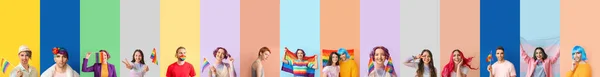 Viele Verschiedene Menschen Mit Lgbt Flaggen Auf Farbigem Hintergrund — Stockfoto