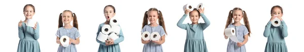 Set Von Kleinen Mädchen Mit Rollen Toilettenpapier Auf Weißem Hintergrund — Stockfoto