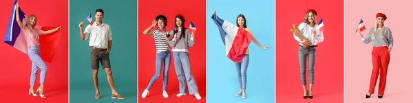 カラフルな背景にフランスの旗を持つ多くの人々のセット — ストック写真
