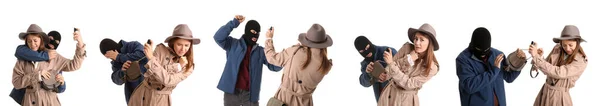 带胡椒喷雾的年轻女子在白种人的背景下保护自己不受小偷的袭击 — 图库照片