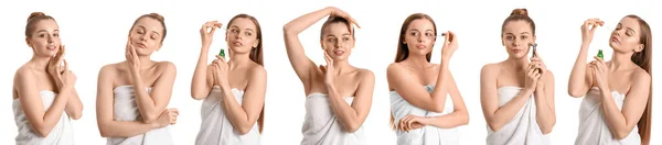 Conjunto Mujer Joven Bonita Con Piel Sana Aislada Blanco Concepto — Foto de Stock