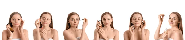 白に隔離された健康な肌を持つかなり若い女性のセット 化粧品の概念 — ストック写真