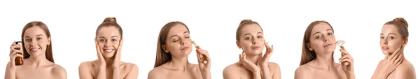 Sada Krásné Mladé Ženy Zdravou Pletí Izolované Bílém Koncept Kosmetologie — Stock fotografie