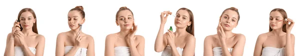 白に隔離された健康な肌を持つかなり若い女性のセット 化粧品の概念 — ストック写真