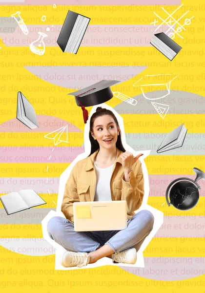 Female Student Laptop Flying Books Globe Mortar Board Color Background — Stock Photo, Image