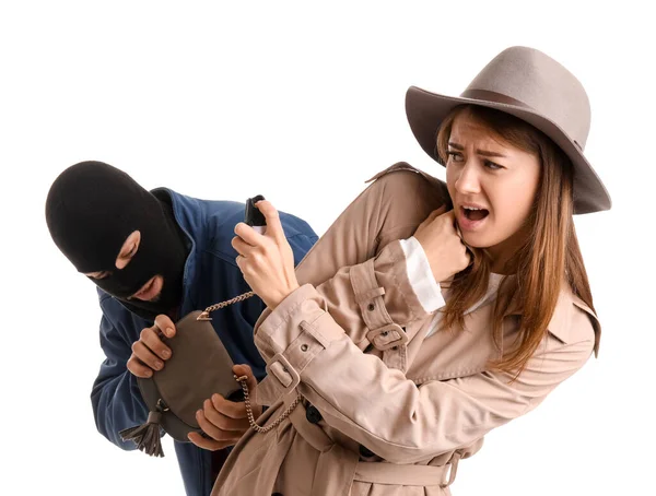 Young Woman Pepper Spray Defending Herself Thief White Background — Φωτογραφία Αρχείου