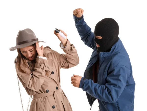 Young Woman Pepper Spray Defending Herself Thief White Background —  Fotos de Stock
