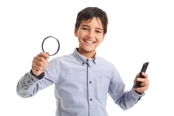 Little Boy Magnifier Mobile Phone White Background — Stock Photo, Image