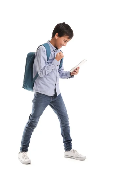 Happy Little Schoolboy Tablet Computer White Background — Stockfoto