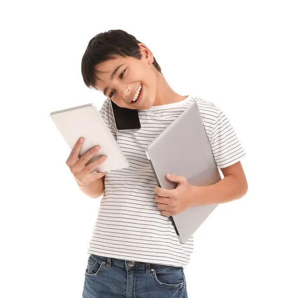 Menino Com Telefone Celular Laptop Tablet Fundo Branco — Fotografia de Stock