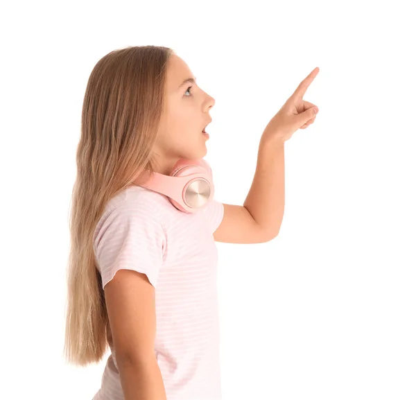 Shocked Little Girl Headphones Using Virtual Screen White Background — Stock Photo, Image