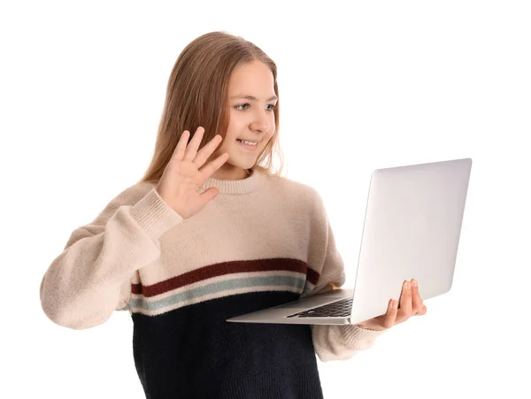Mała Dziewczynka Laptopem Video Czat Białym Tle — Zdjęcie stockowe