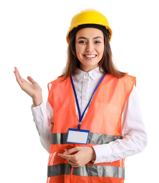 Vrouwelijke Werkneemster Vest Helm Met Iets Witte Achtergrond — Stockfoto