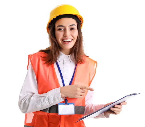 Female Engineer Clipboard White Background — 图库照片