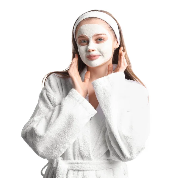 Jonge Vrouw Met Toegepast Kurkuma Masker Witte Achtergrond — Stockfoto
