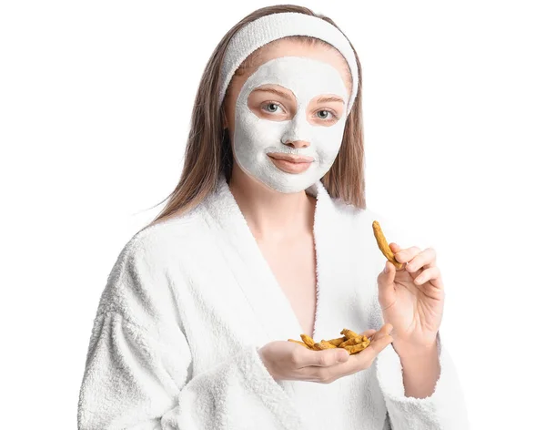 Young Woman Applied Turmeric Mask Roots White Background — 图库照片