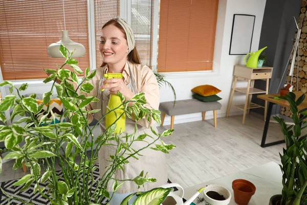 stock image Young woman spraying water onto green houseplants at home