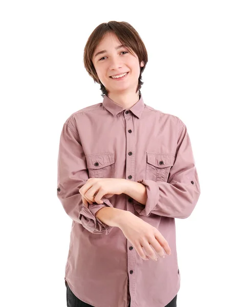Teenager Junge Krempelt Ärmel Auf Weißem Hintergrund Hoch — Stockfoto
