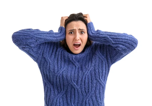 Scared Young Woman White Background — Stock Photo, Image