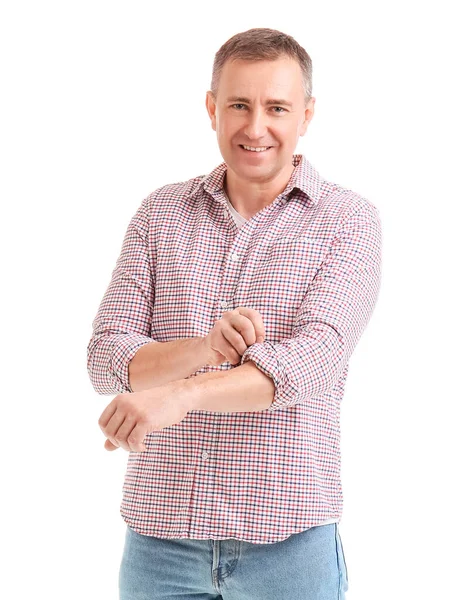 Mature Man Rolling His Sleeve White Background — Stock Photo, Image