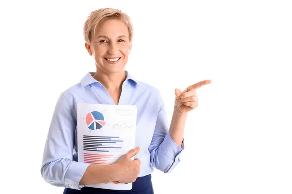 Mature Businesswoman Documents Pointing Something White Background — Stock Photo, Image