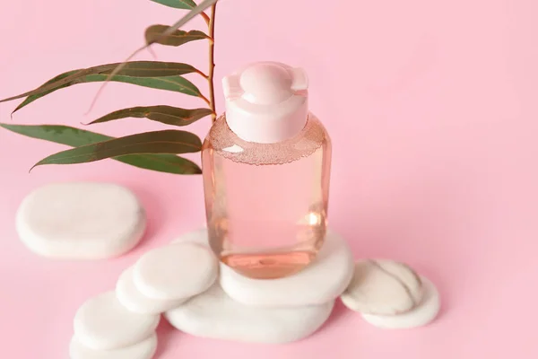 Flasche Mikrokellerwasser Mit Pflanzenzweig Und Wellness Steinen Auf Rosa Hintergrund — Stockfoto