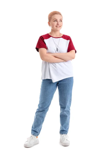 Jonge Vrouw Met Kort Haar Witte Achtergrond — Stockfoto