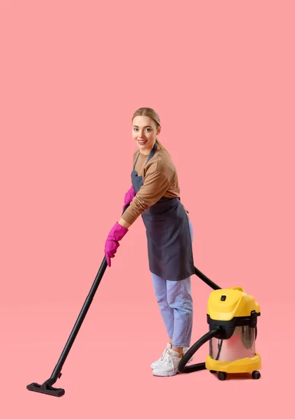 Young Woman Vacuum Cleaner Pink Background — Stock Photo, Image