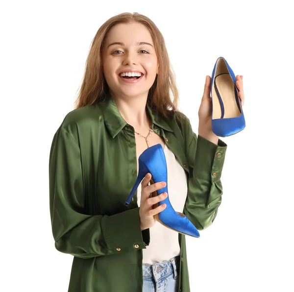 Young Woman Stylish Heels White Background — Stock Photo, Image
