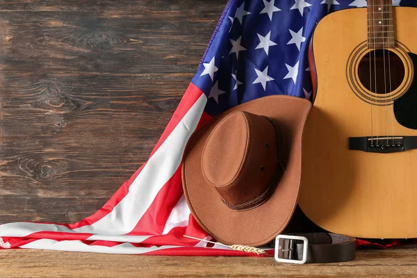 Cowboy Hat Guitar Flag Usa Wooden Background — Stock Photo, Image