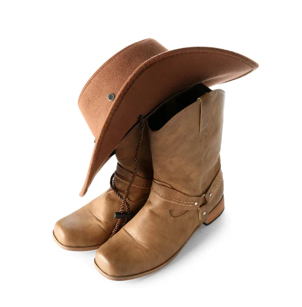 Cowboy Hatt Och Stövlar Isolerade Vit Bakgrund — Stockfoto