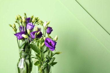 Yeşil arka planda Eustoma çiçekleri olan vazo