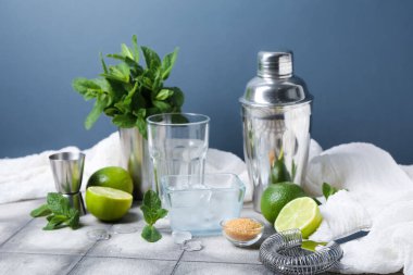 Masada mojito hazırlamak için karıştırıcı, süzgeç, cam ve malzemeler.